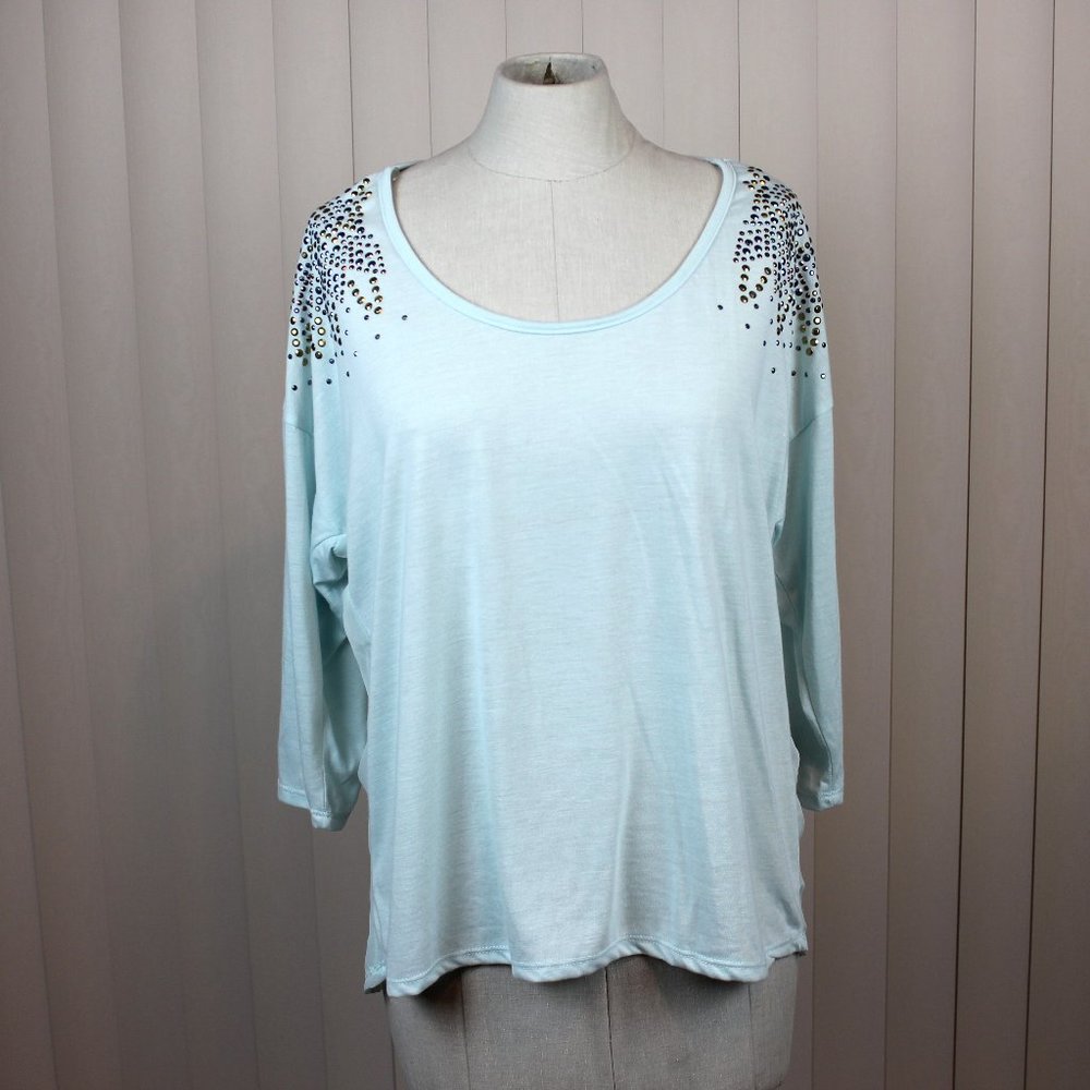 Eyelash Couture Embellished Shoulder Top Mint Blue NWT Large
